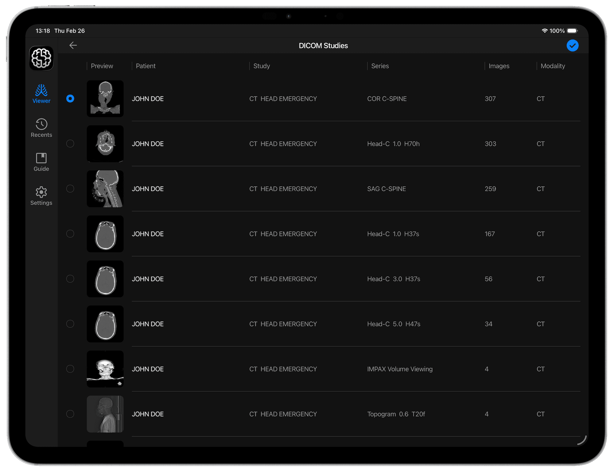 DICOM Vision Go on iPad - Select DICOM Folder (Landscape View)